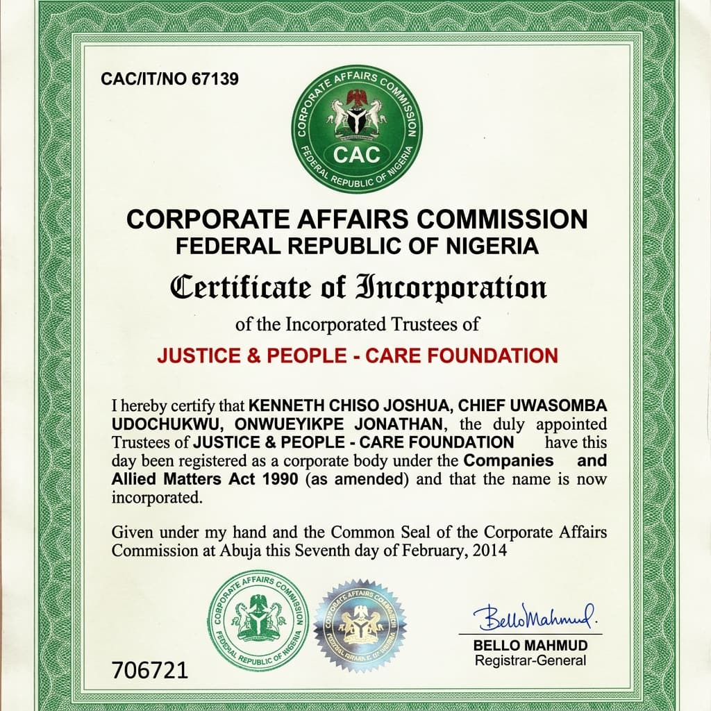 CAC Certificate of Incorporation – Justice & People-Care Foundation (CAC/IT/NO 67139)